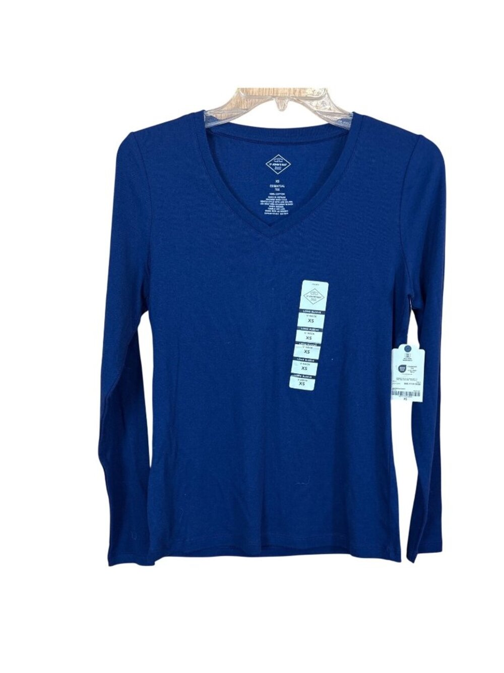 St. Johns Bay Womens Essential V-Neck Long Sleeve Tee XS 100% Cotton Blue